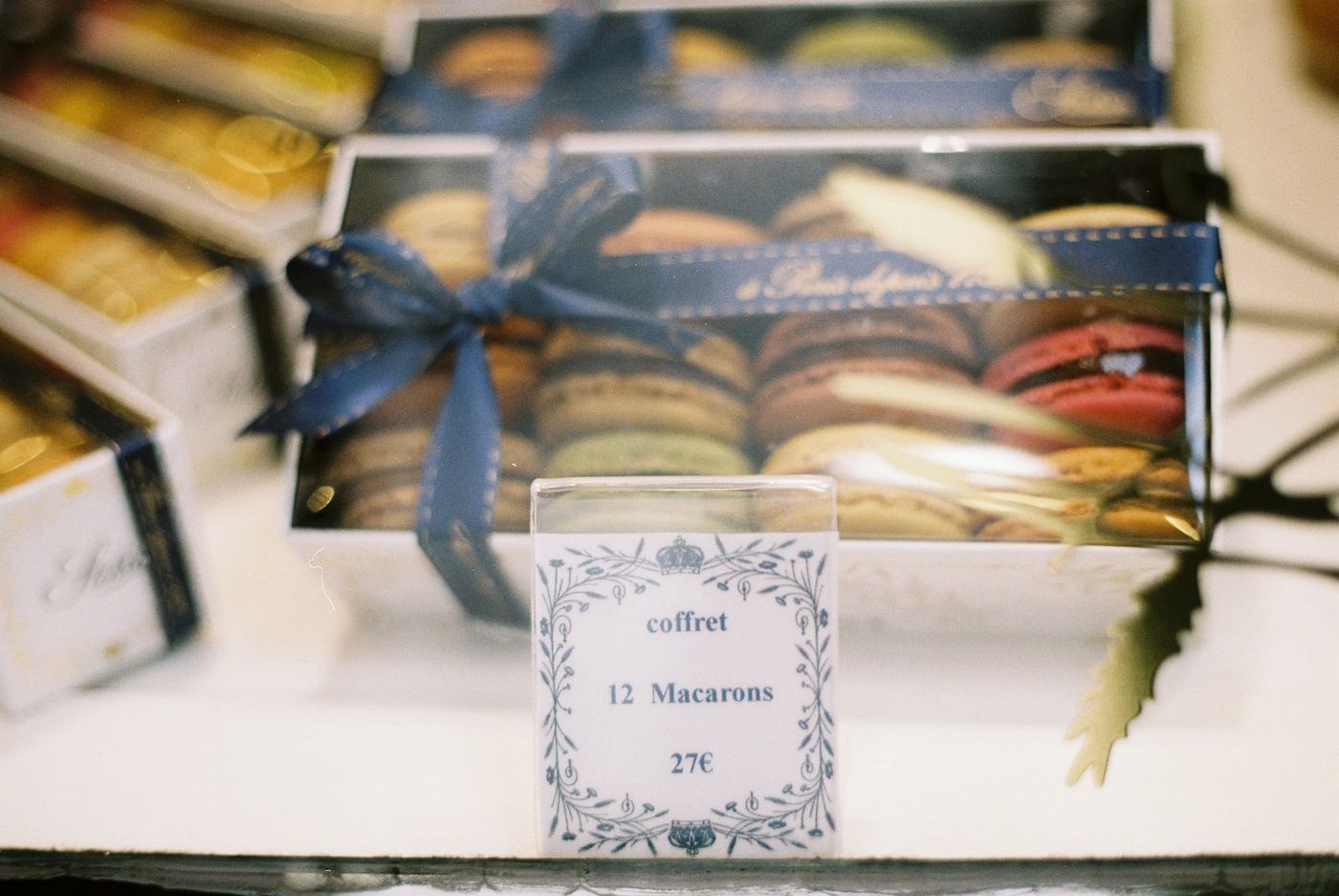 Macarons in a gift box with ribbon